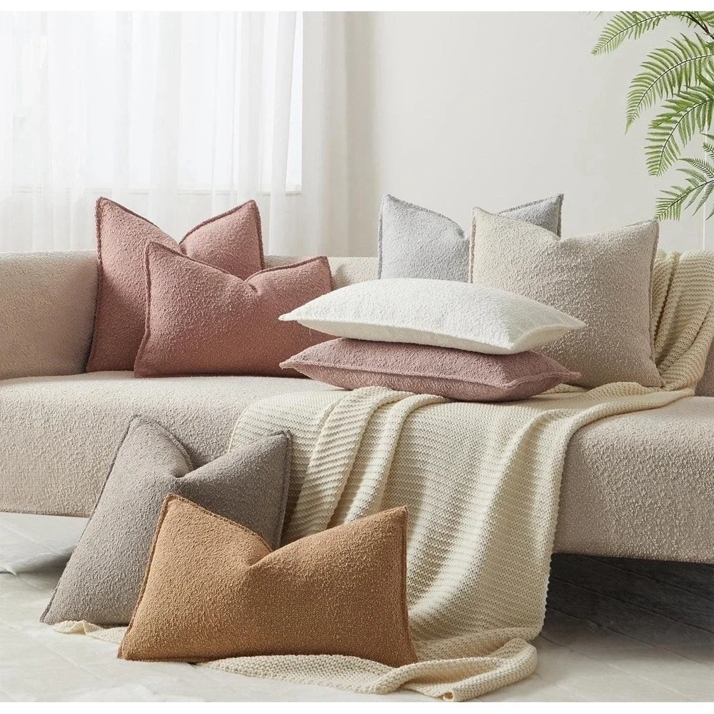 Boucle Throw Pillow Covers Set (2) Beige 26x26 Textured Cushion Hidden Zip NEW